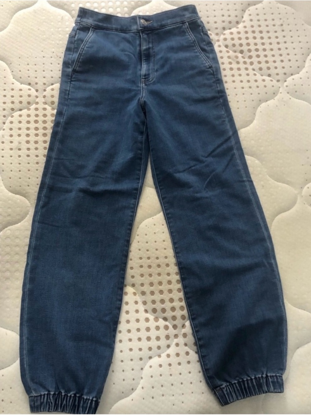 Express Relaxed Dark Blue Jogger Super High Rise Jeans with Elastic Cuffs